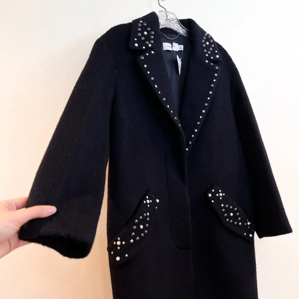 Coach Embellished Black Wool Blend Classic Long Collared Designer Trench Coat 4 - Picture 3 of 10
